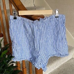H&M Coastal 100% Linen Drawstring Blue & White Striped High-Waist Women’s Shorts